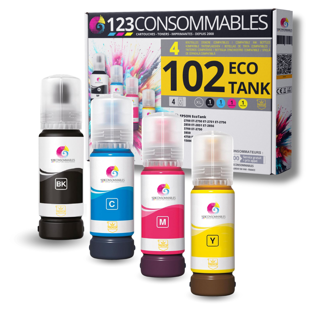 Pack compatible avec EPSON 102 ECOTANK, 4 bouteilles d'encre